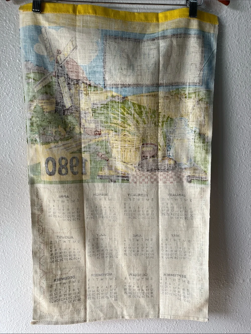 Vintage Tea Towel Fabric Wall Hanging 1980 Yearly Calendar Daily Bread